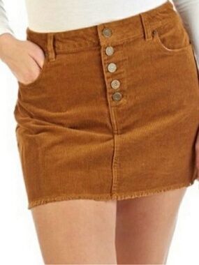 índigo Rain Corduroy Button-Front Mini Skirt in Camel Raw Hem Juniors 11/29